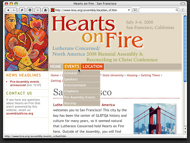 Inside page with navigation menu from Hearts on Fire website