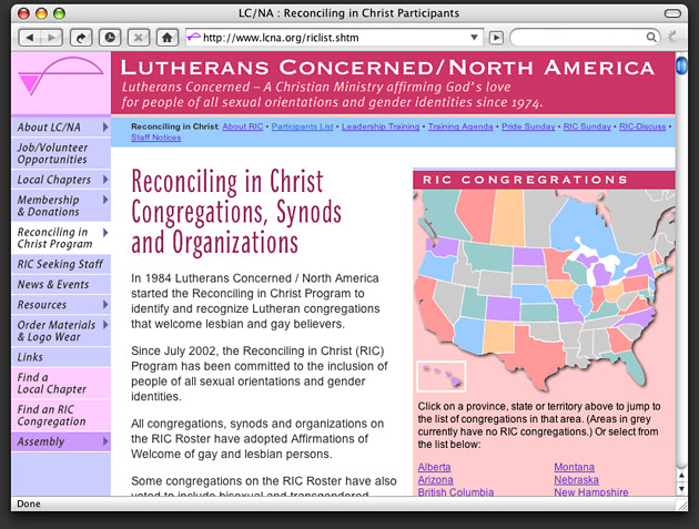 Inside page with navigation menu from Lutherans Concerned/North America website